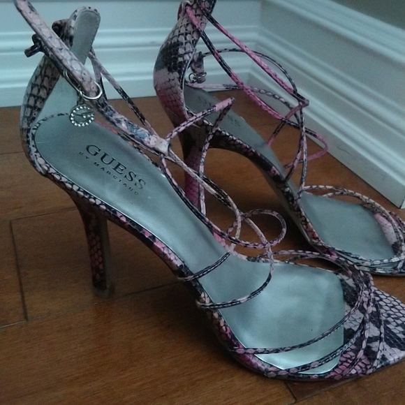 Guess Pink Snake Skin Strappy Heels - Picture 2 of 6